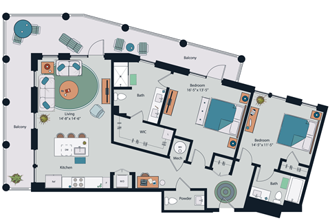 Floor plan for 2 beds, 2.5 baths, 1457 sqft